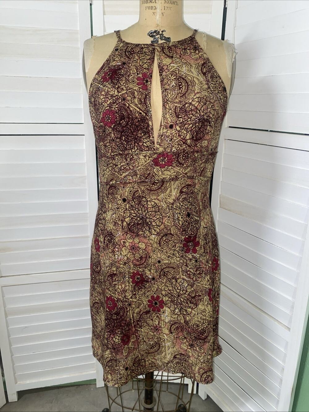 Vintage Alyn Paige Women’s Y2K Knee Length Dress Size 11/12 Brown Floral Keyhole